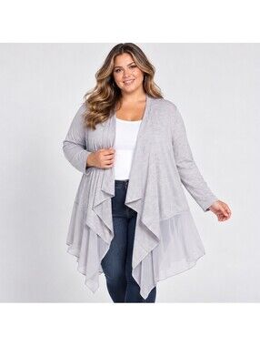 Lane Bryant Cardigan 26/28 Plus Size Gray Waterfall Chiffon Duster Lagenlook